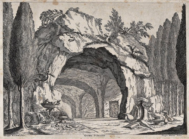 A_grotto_containing_a_magic_circle,_books_and_mythical_creat_Wellcome_V0025853